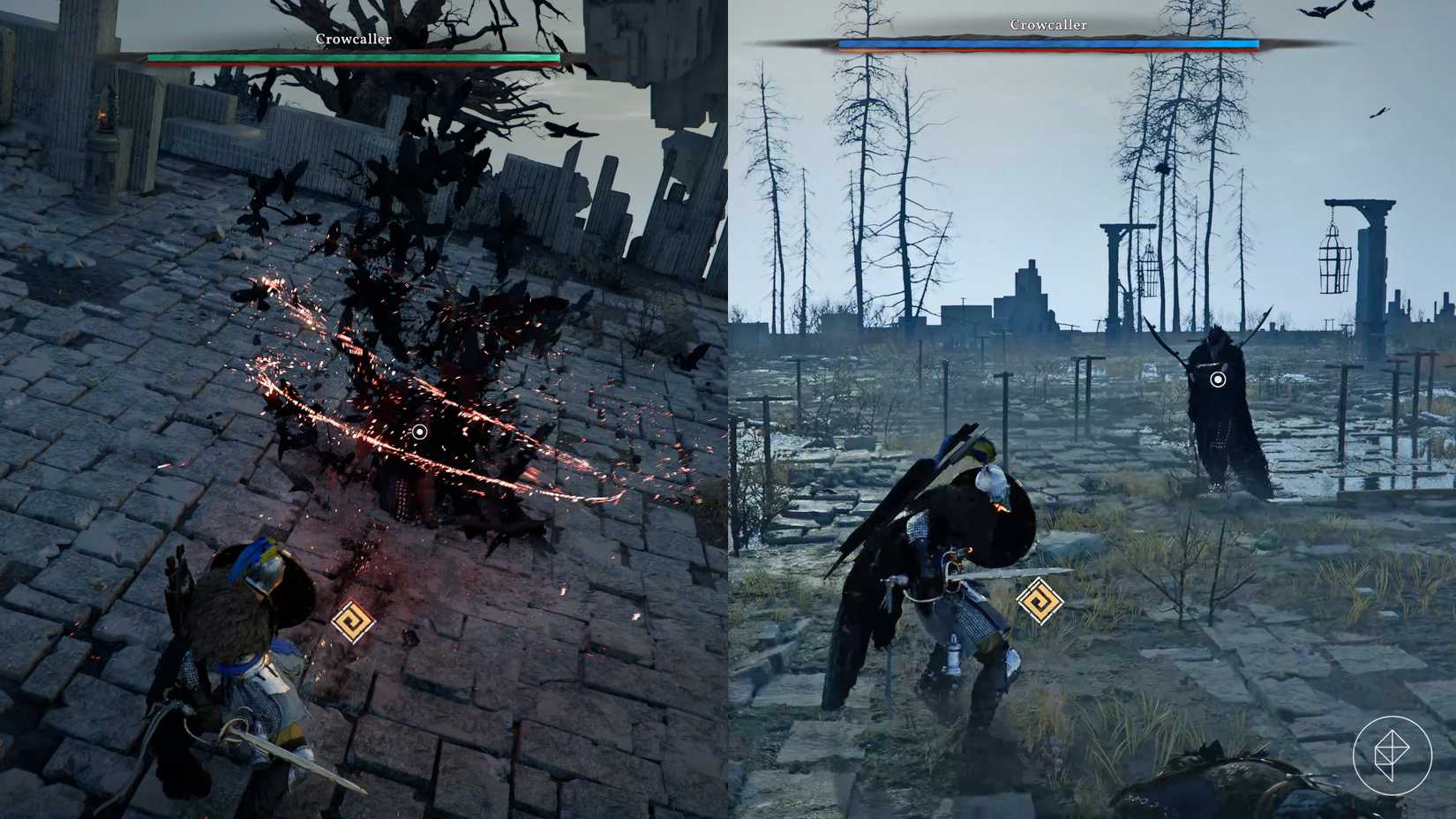 The Crowcaller boss demonstrates his normal attack on the left, and his dive bomb on the right in Crimson Desert.