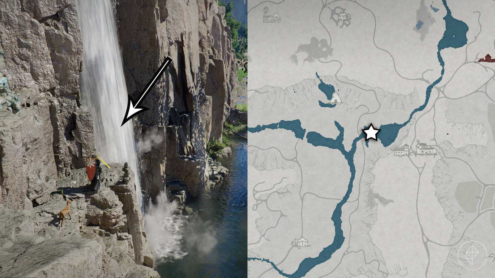A montage of two Crimson Desert images showing the location of the Scorchflame boots