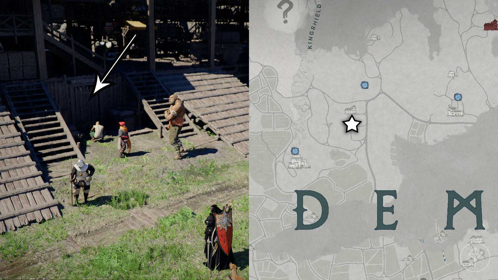 A montage of two Crimson Desert images showing the locaton of the armor part from the Scorchflame set