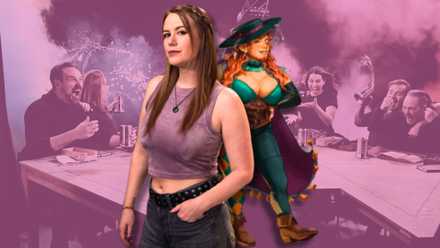 An image of Marisha Ray standing back to back with Murray, her dwarven character from Critical Role.