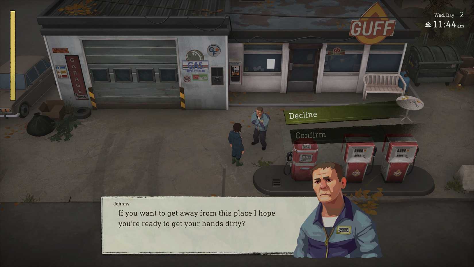 The protagonist in crop talks to a villager at a gas station.