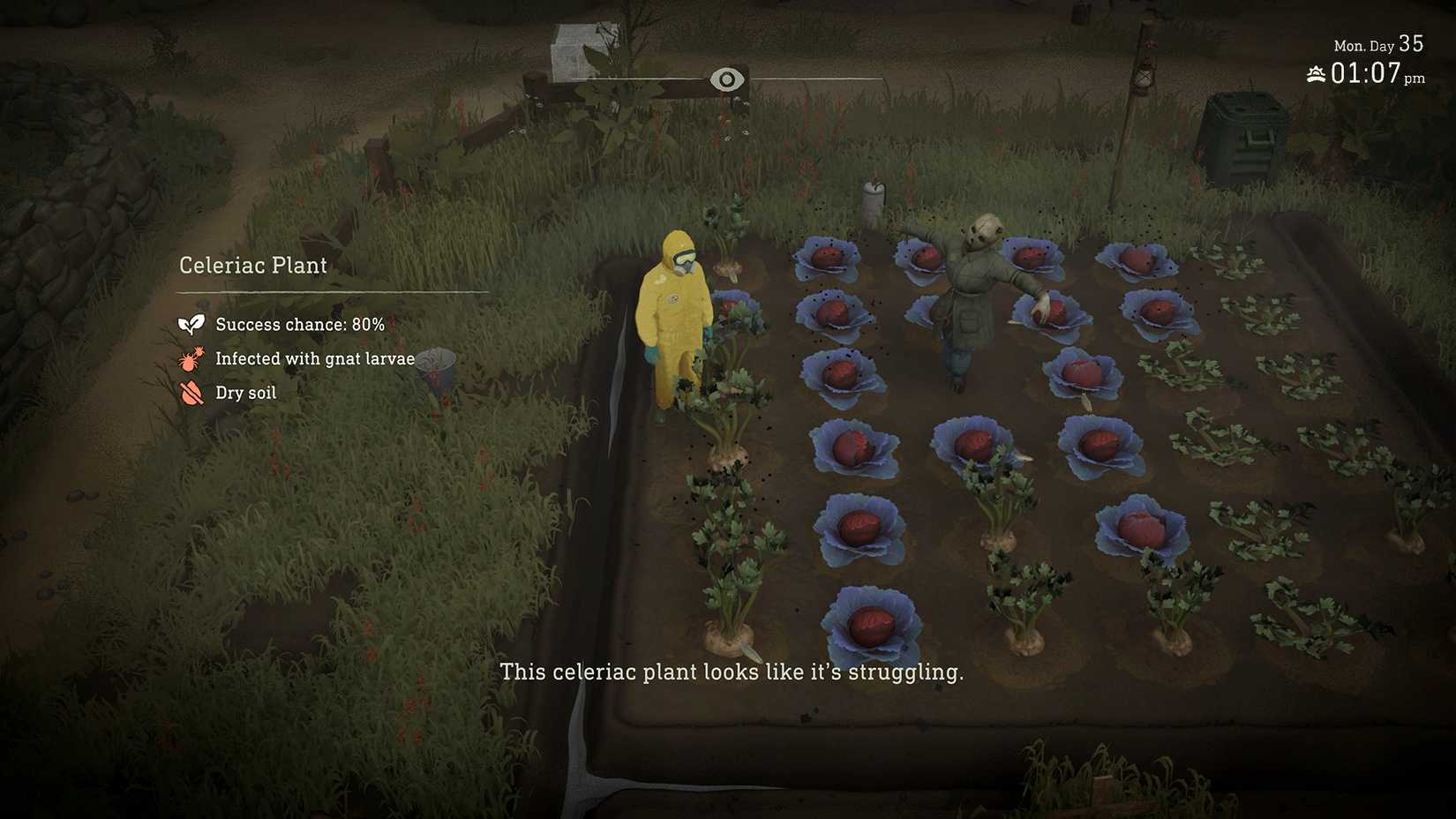 The protagonist of farming sim Crop, standing in the middle of a patch of vegetables. He is wearing a yellow hazmat suit. 