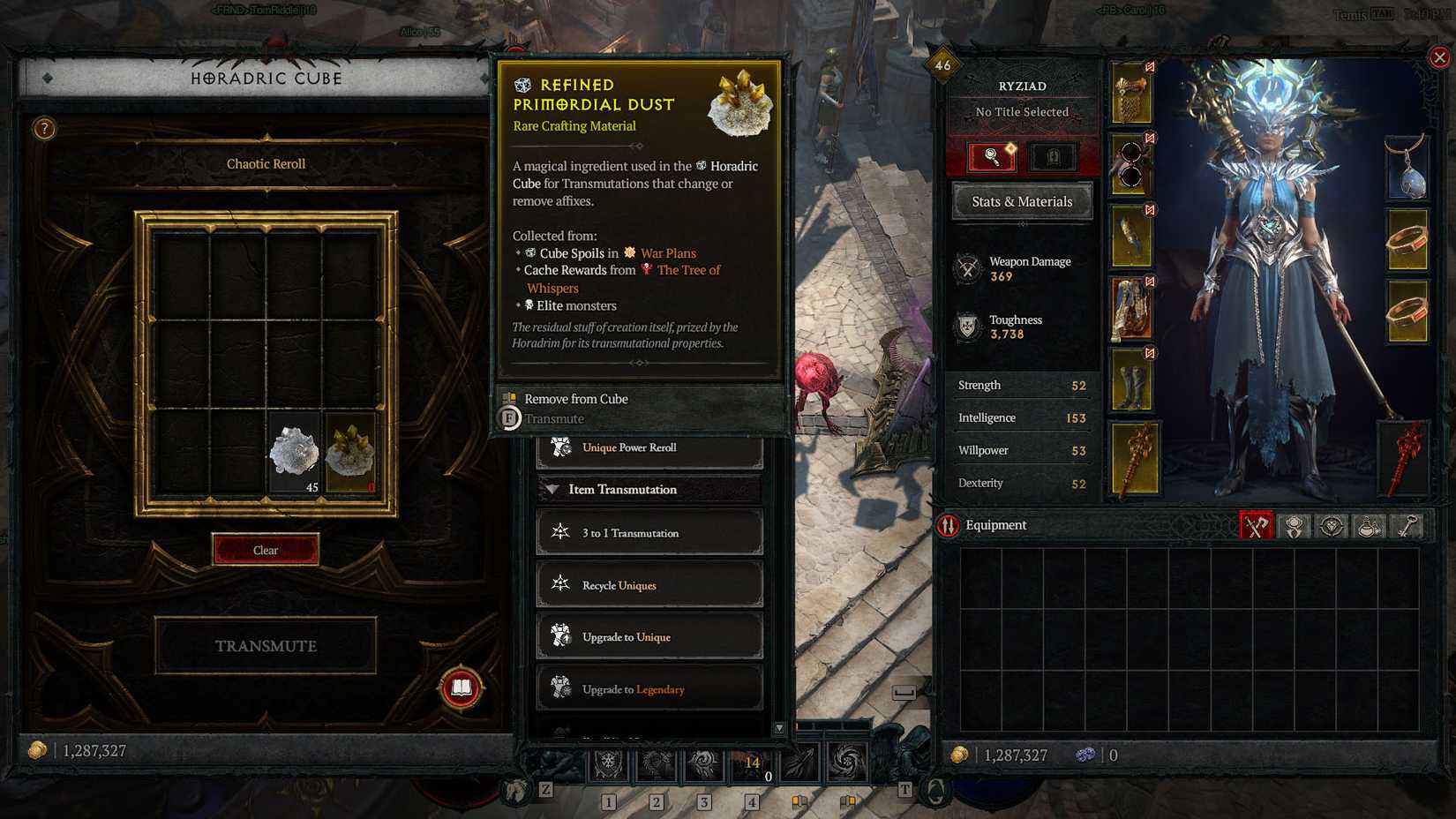 A Diablo 4 screenshot showing the materials required to perform a Chaotic Reroll in the Horadric cube