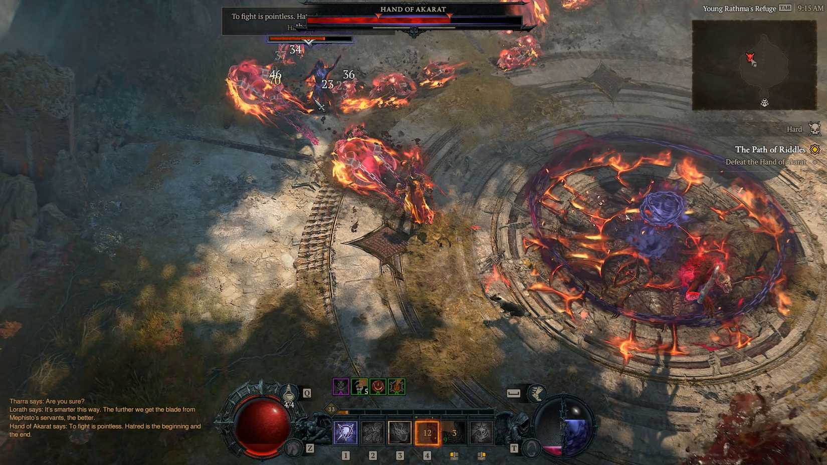 A Diablo 4 screenshot showing a warlock fighting a boss and casting Blazing Scream