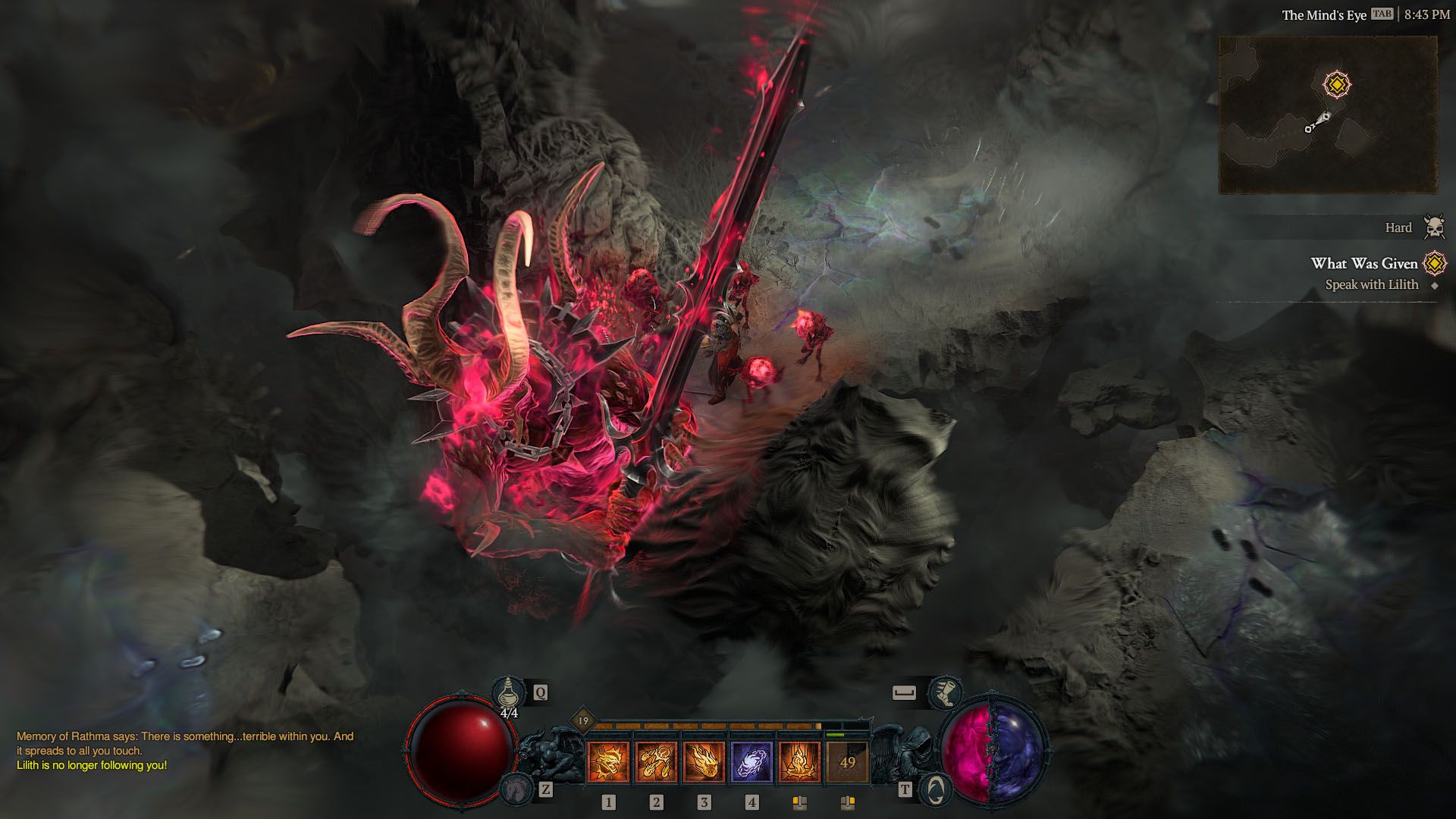 A Diablo 4 screenshot showing a Warlock invoking a massive demon wielding a sword
