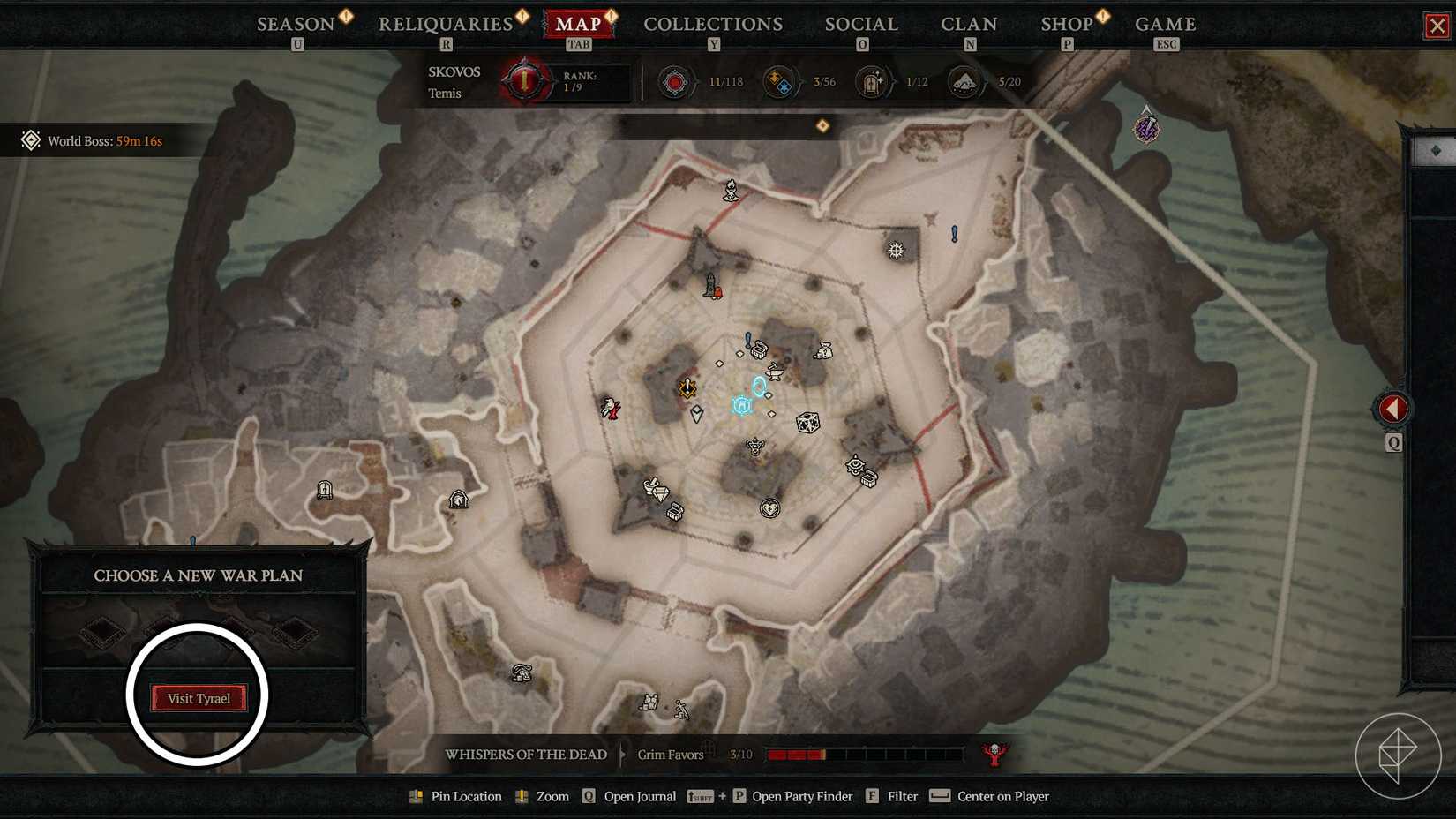 A Diablo 4 screenshot showing the Map Menu and where the Visit Tyrael button is located
