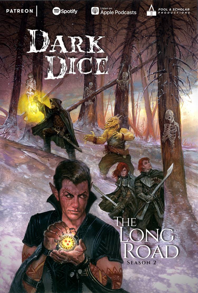 An illustration from iconic fantasy artist Dave Dolman featuring the cast of Dark Dice season 2 searching the Dead Pines