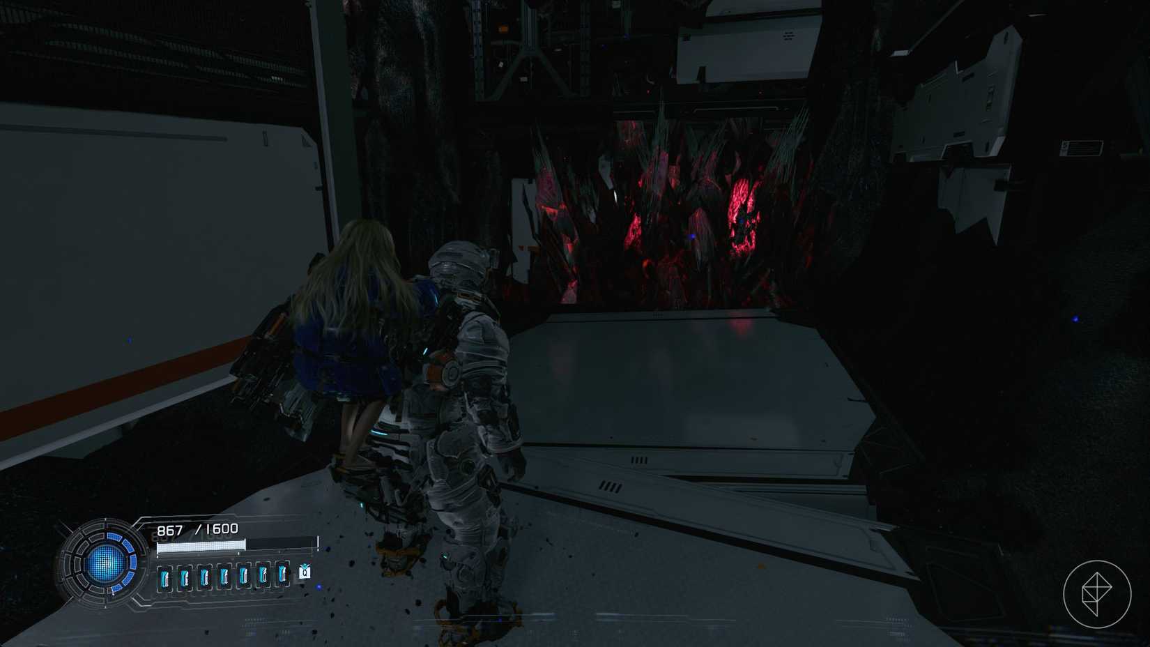 A man carrying a girl on his back looking at red and black spikes in Pragmata.