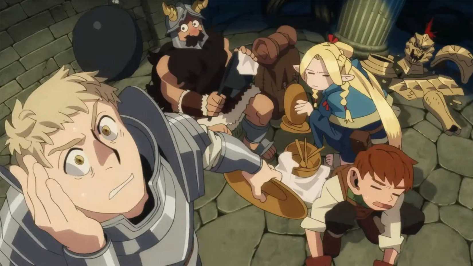 A still from the opening of Delicious in Dungeon showing Laios and his party cleaning the dishes after eating