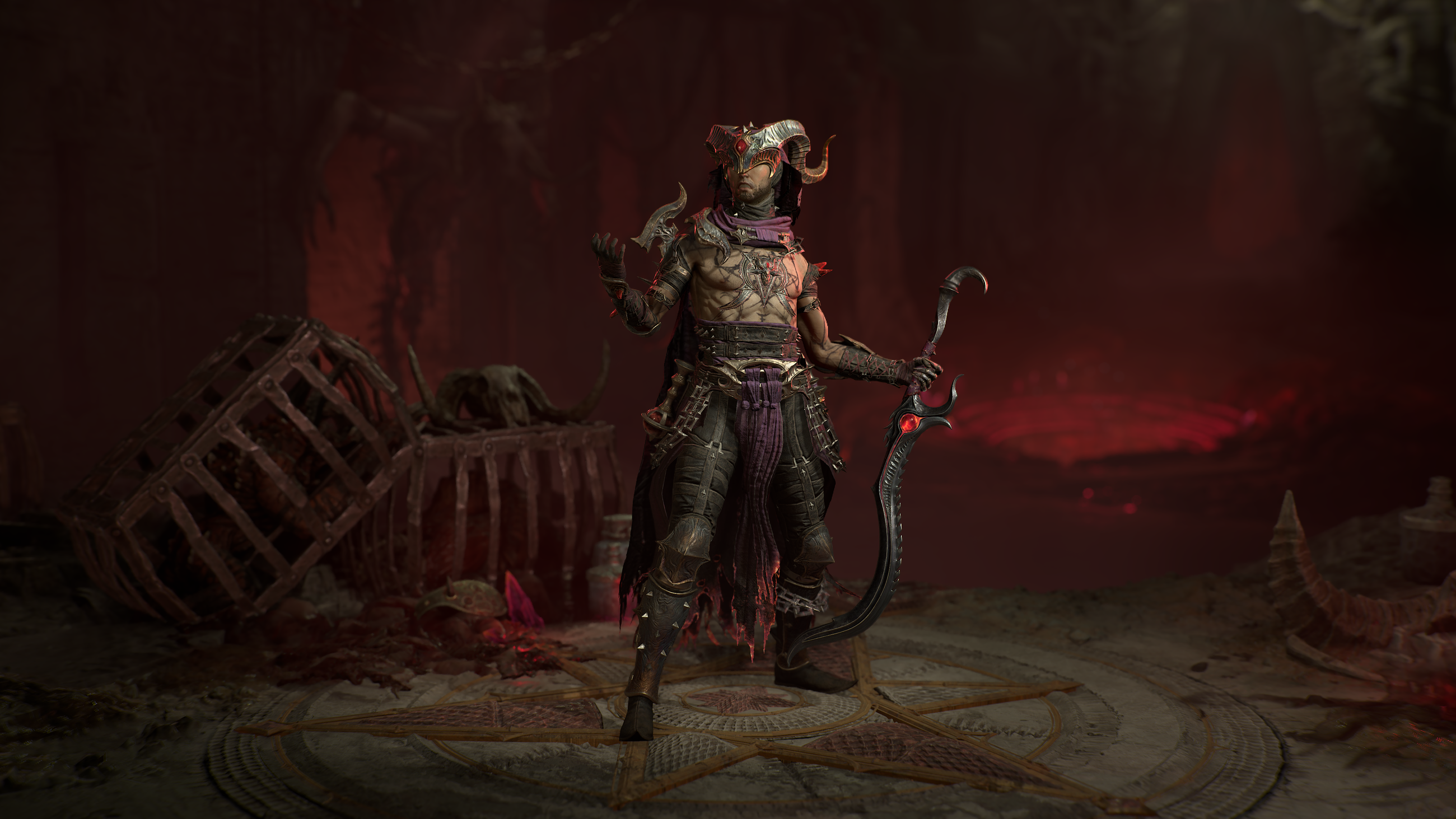 The Diablo 4 Warlock stands looking all emo with his silly mask and curvy sword