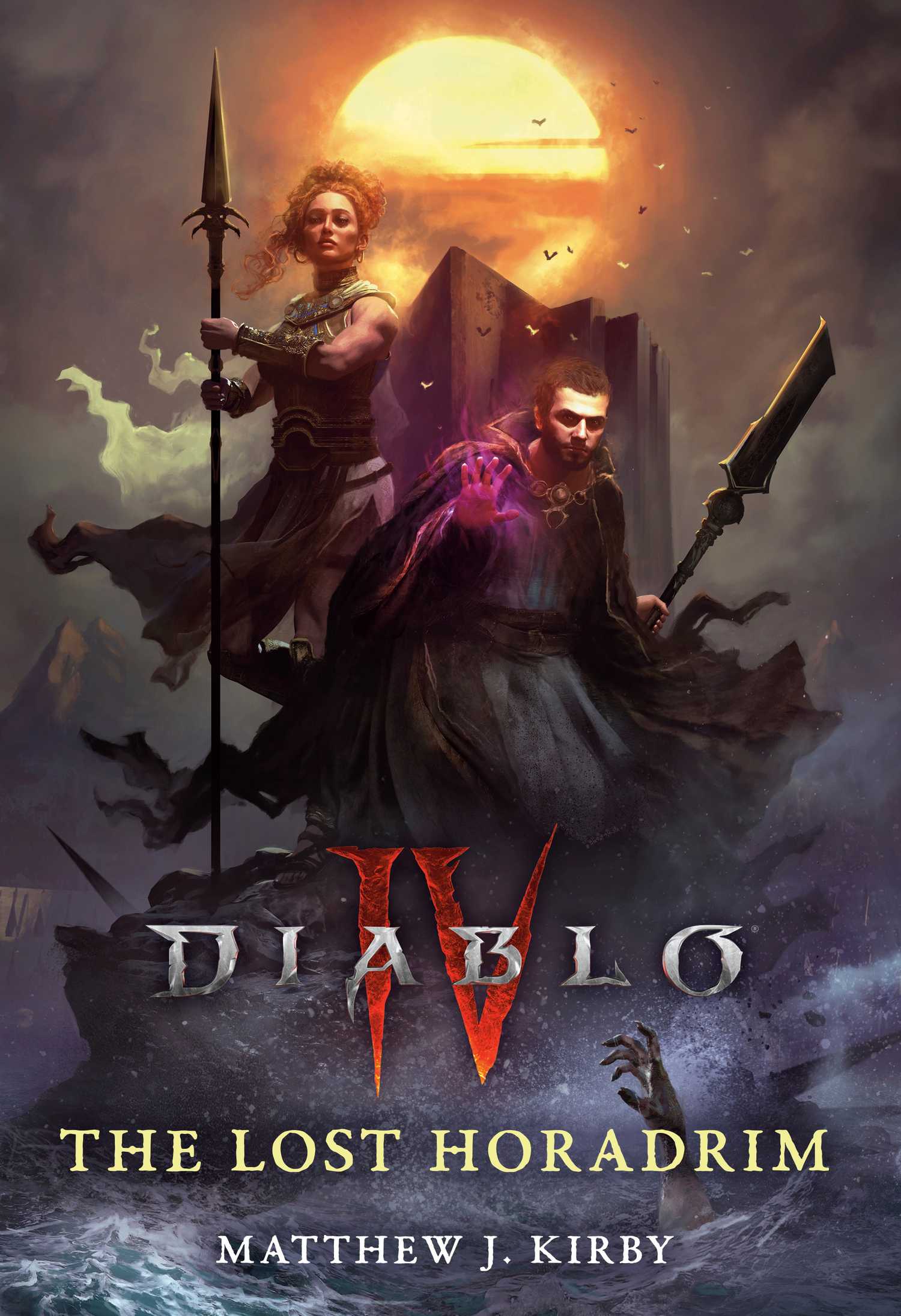 Lorath, a mage, holds out a glowing purple hand while standing next to Captain Adreona, an Amazon warrior holding a spear in front of water with a hand grasping from beneath the waves in cover art for the Diablo 4 novel The Lost Horadim