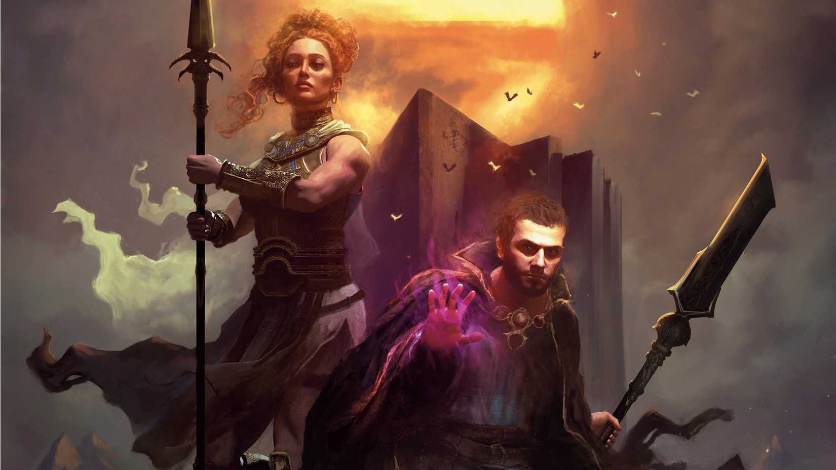 Lorath, a mage, holds out a glowing purple hand while standing next to Captain Adreona, an Amazon warrior holding a spear in cover art for the Diablo 4 novel The Lost Horadim