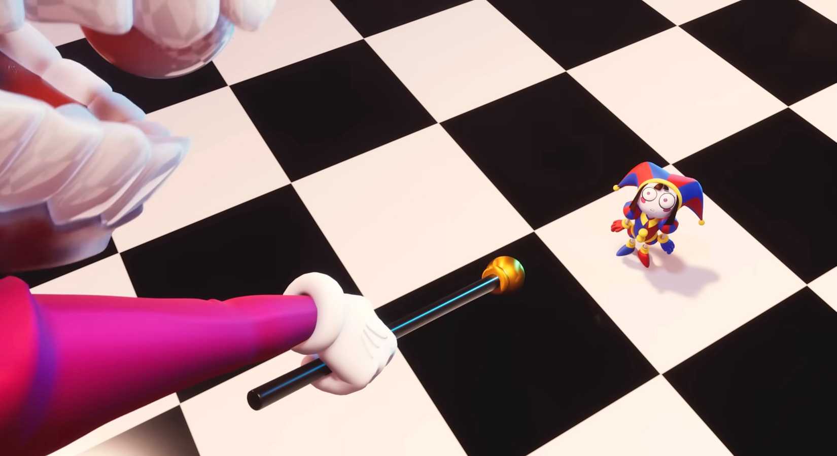 Caine towers over Pomni in a high-contrast, surreal environment.