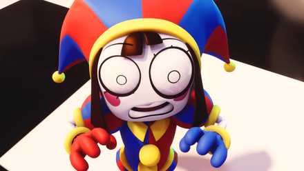 Pomni from the animated YouTube series The Amazing Digital Circus — a short jester character with brown hair and mismatched gloves — freaks out in the pilot episode