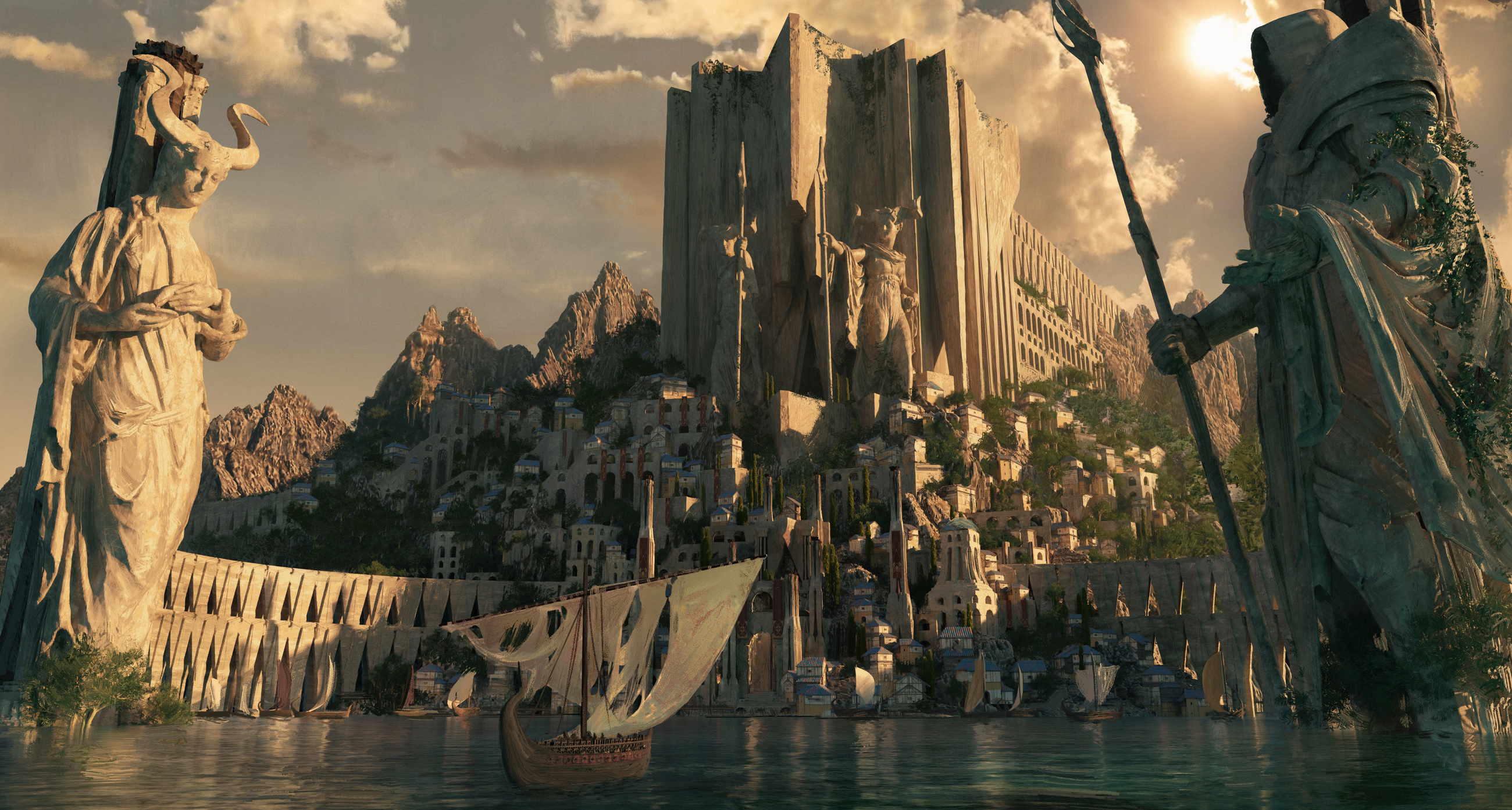 The city of Temis, flanked by huge statues and with a grand Mediterranean-style bay