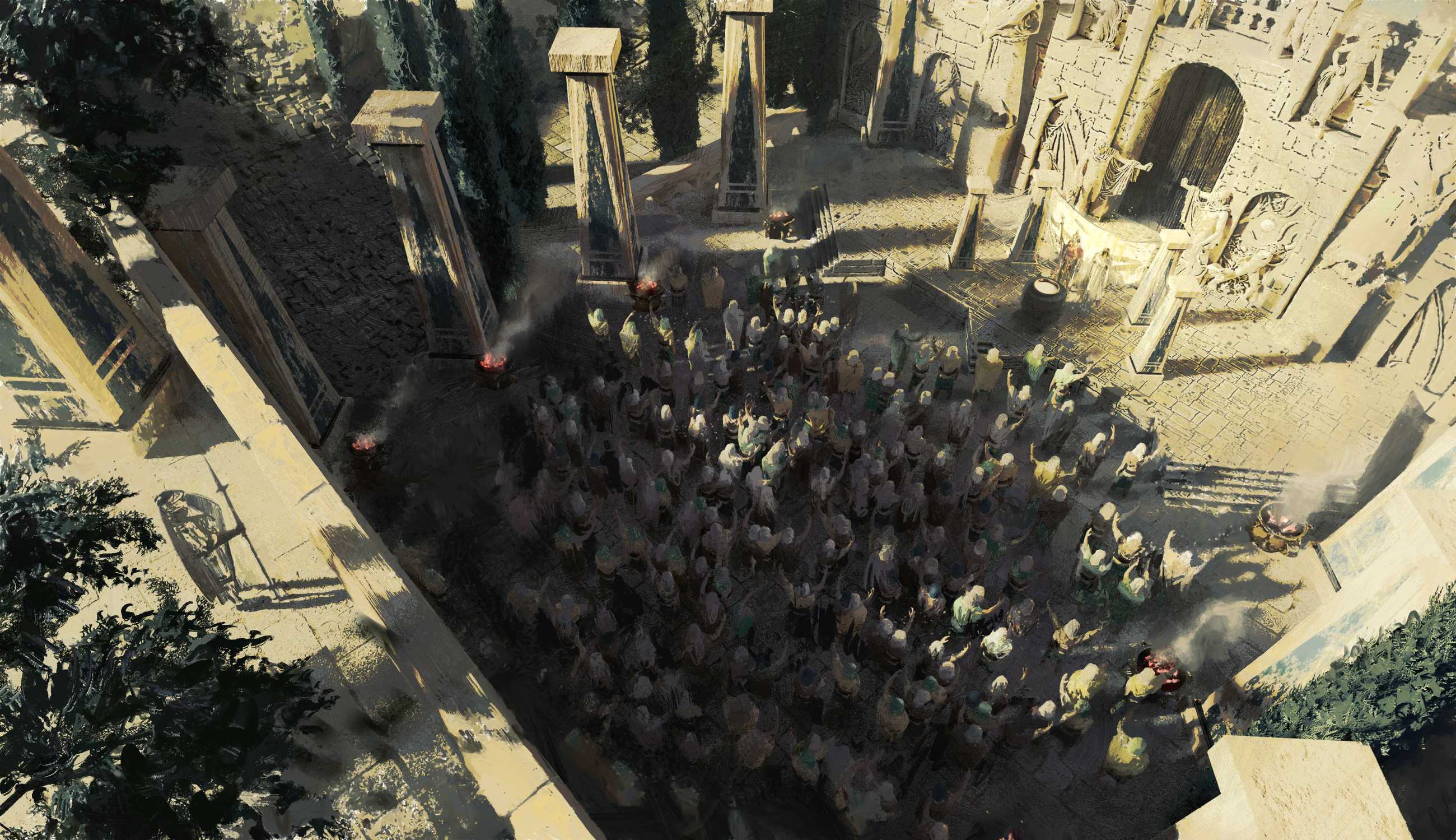 A large crowd of Akarat worshippers gather in a town square