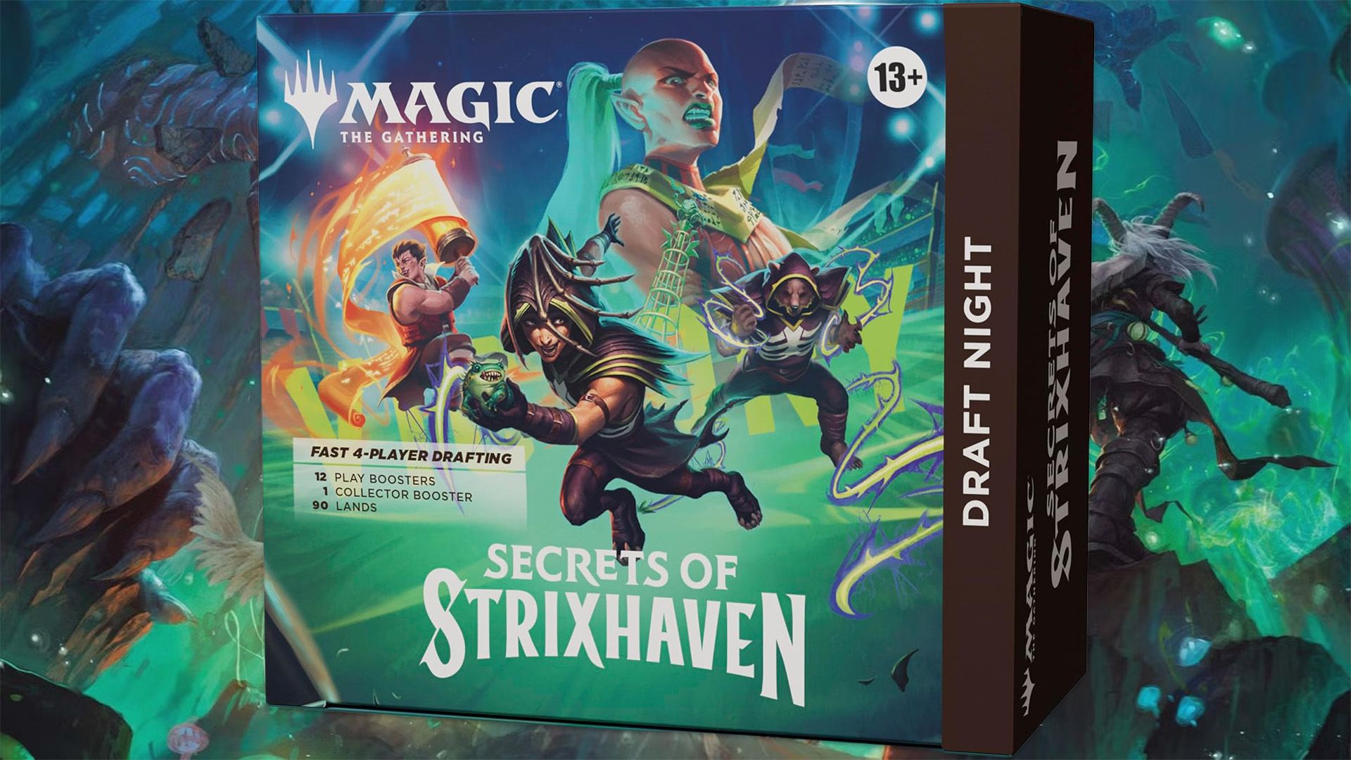 Draft Night box overlaid on MTG card art