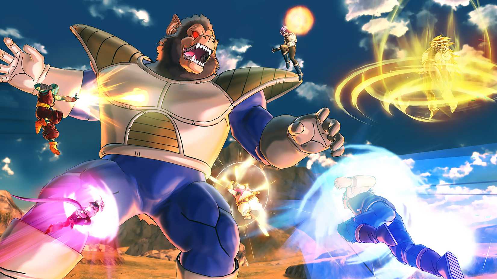 Four created characters fighting Great Ape Vegeta in Dragon Ball Xenoverse 2