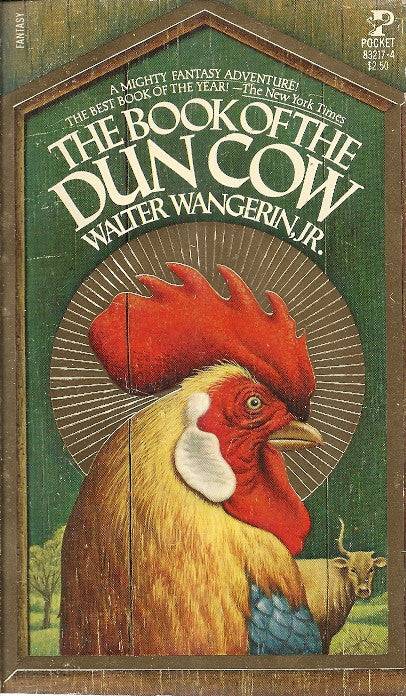 A cover for Walter Wangerin’s fantasy novel The Book of the Dun Cow, showing the head of a rooster with a vivid red comb