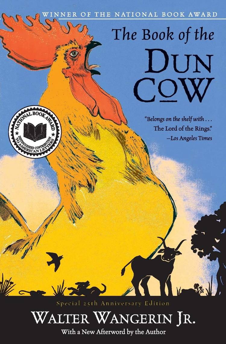A cover for Walter Wangerin’s fantasy novel The Book of the Dun Cow, featuring a bright orange and yellow rooster against a blue sky