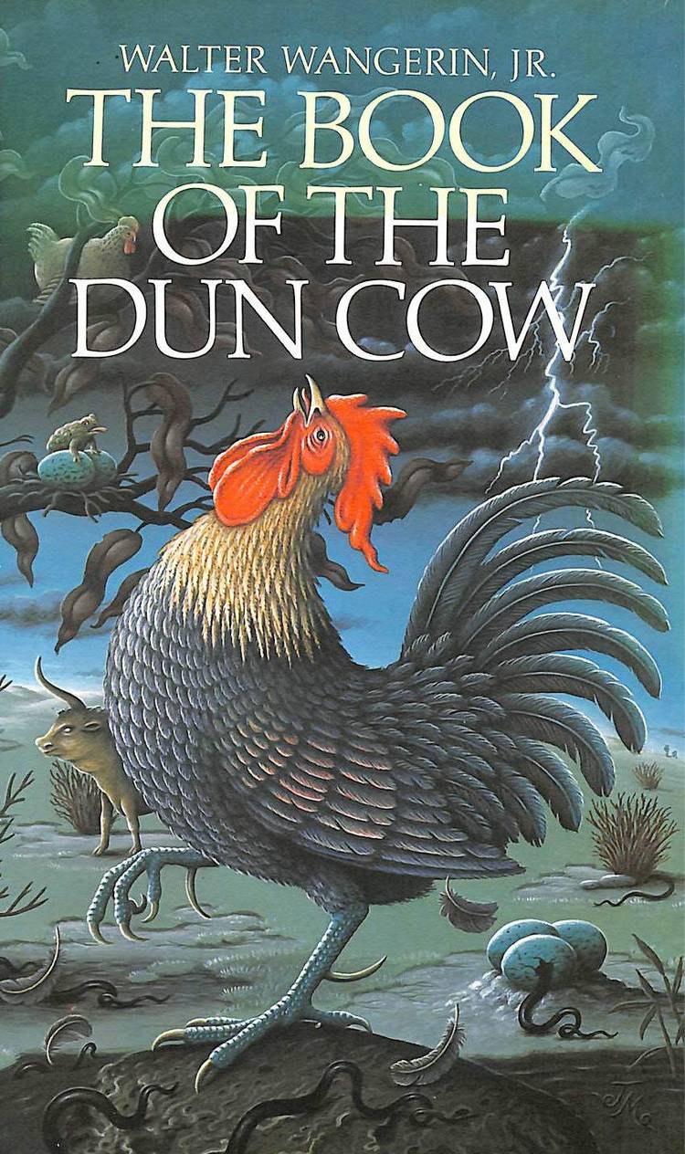 A book cover for Walter Wangerin’s fantasy novel The Book of the Dun Cow, featuring a rooster reading back against a stormy, lightning-streaked sky