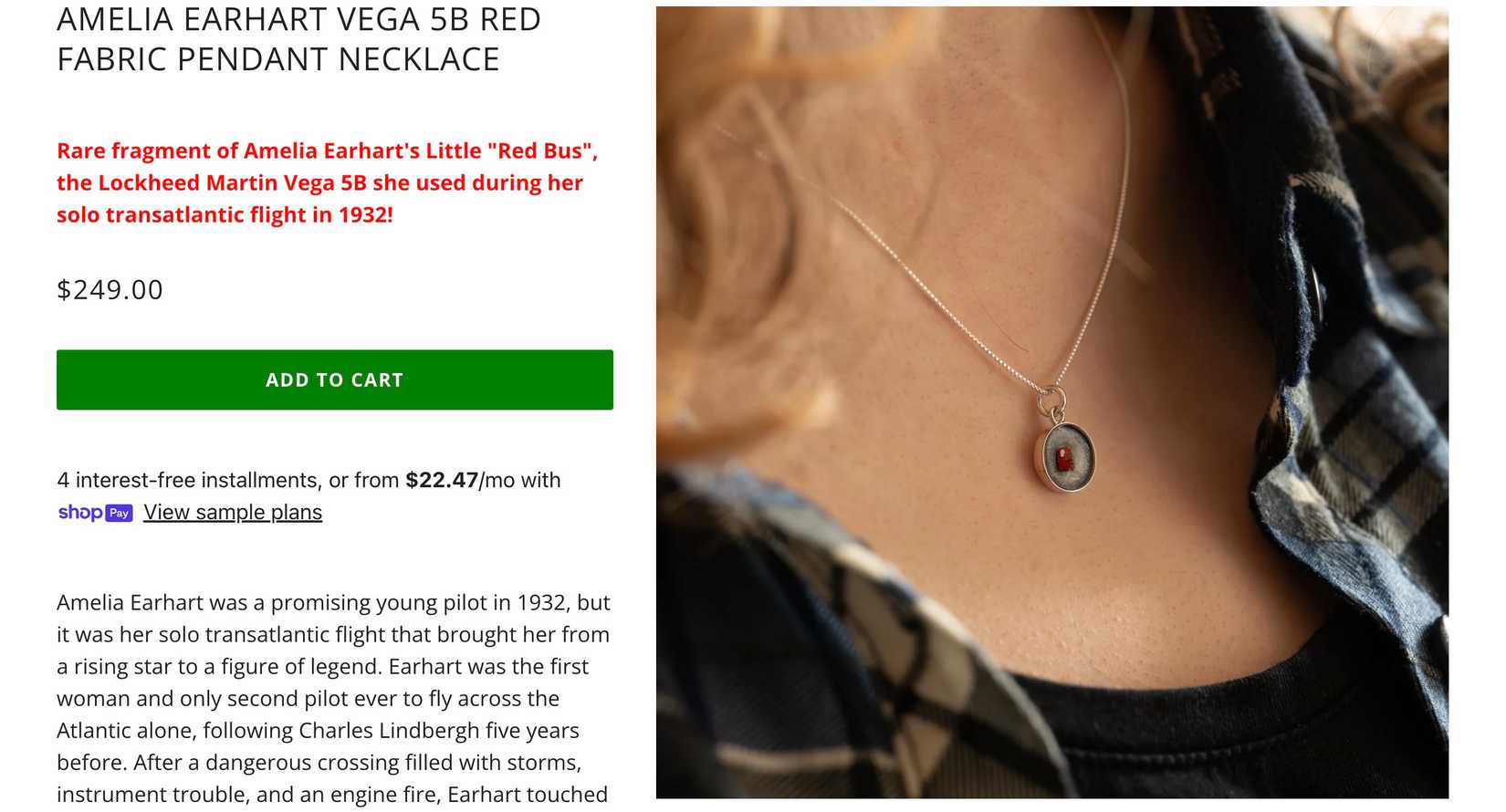 A listing on the Mini Museum site for a necklace including a tiny fragment of Amelia Earhart's "Little Red Bus" plane