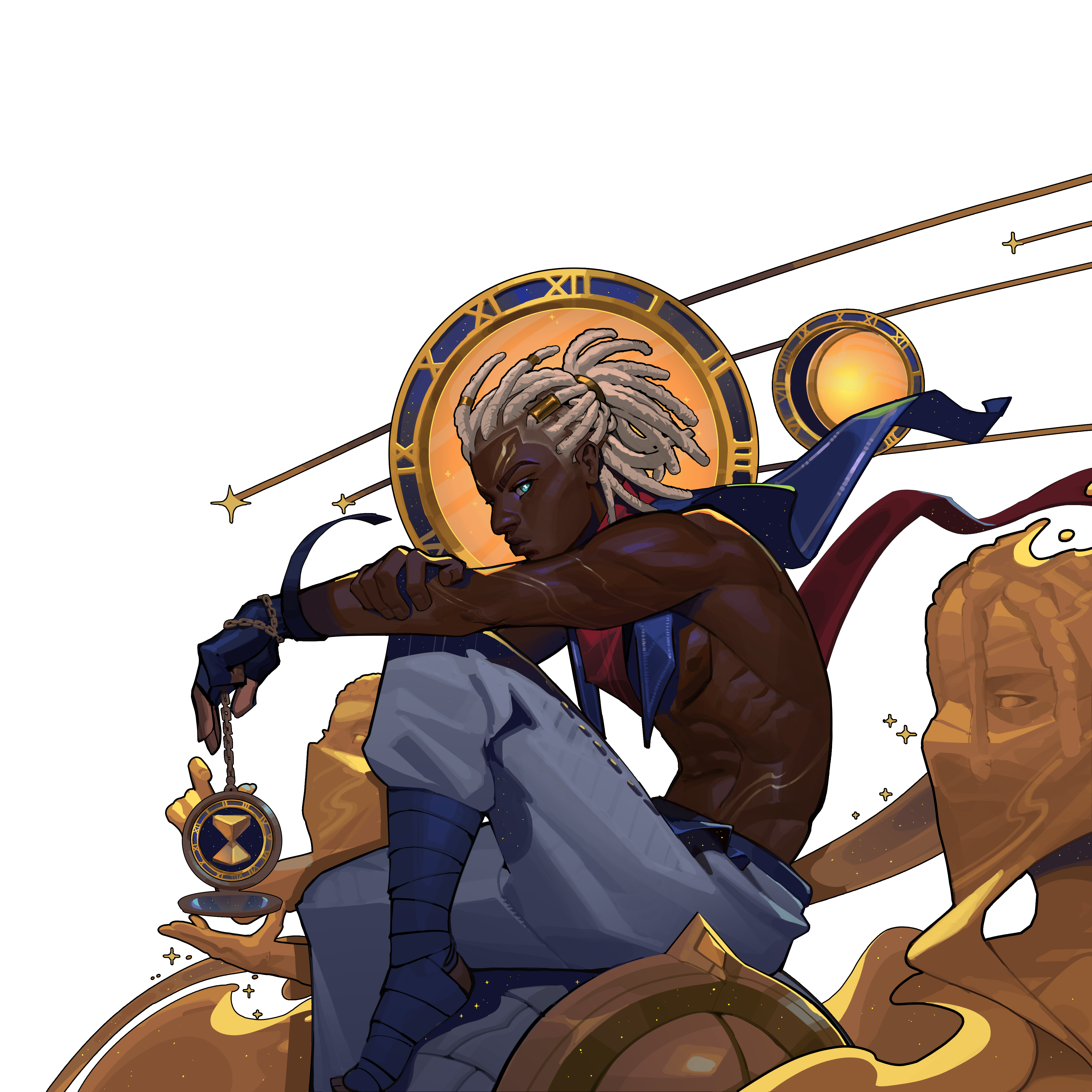 Ekko, the God of Time, surrounded by golden temporal apparitions.