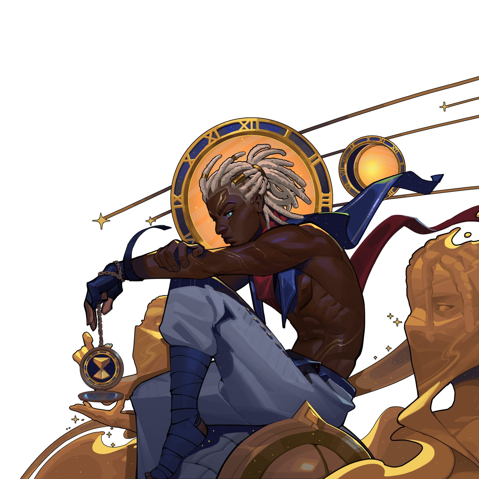 A boy holding a stopwatch sitting on top of golden appartions of himself.