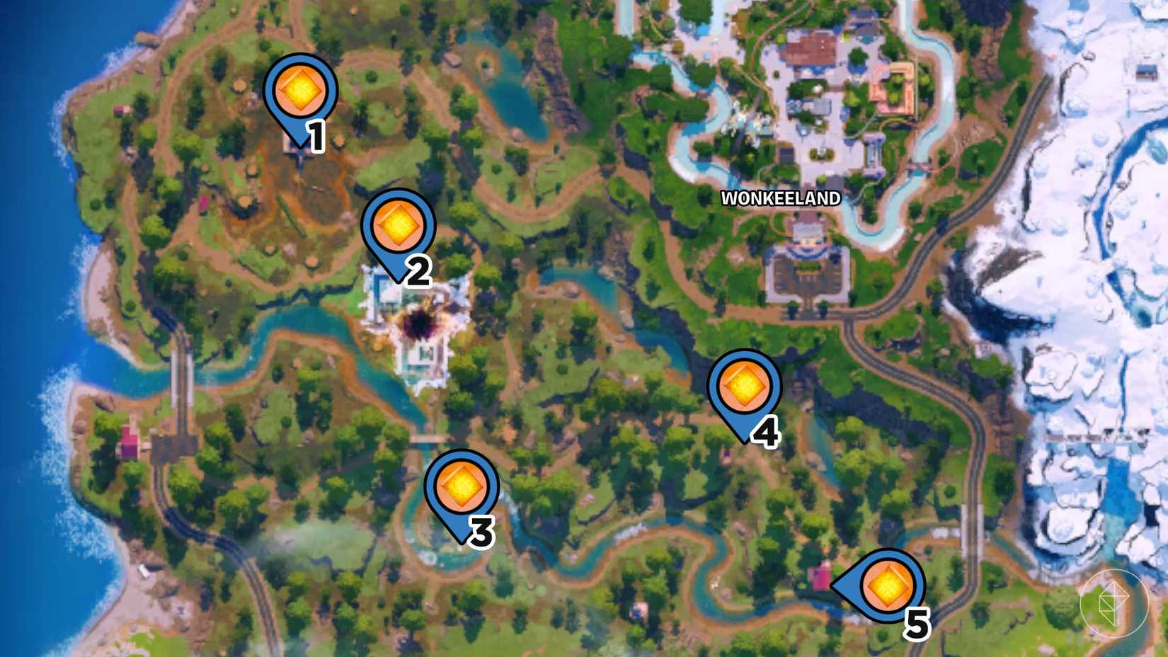 A map of Elites Outpost and Treechopped Timbermill from Fortnite marked with the locations of chaos cubes.