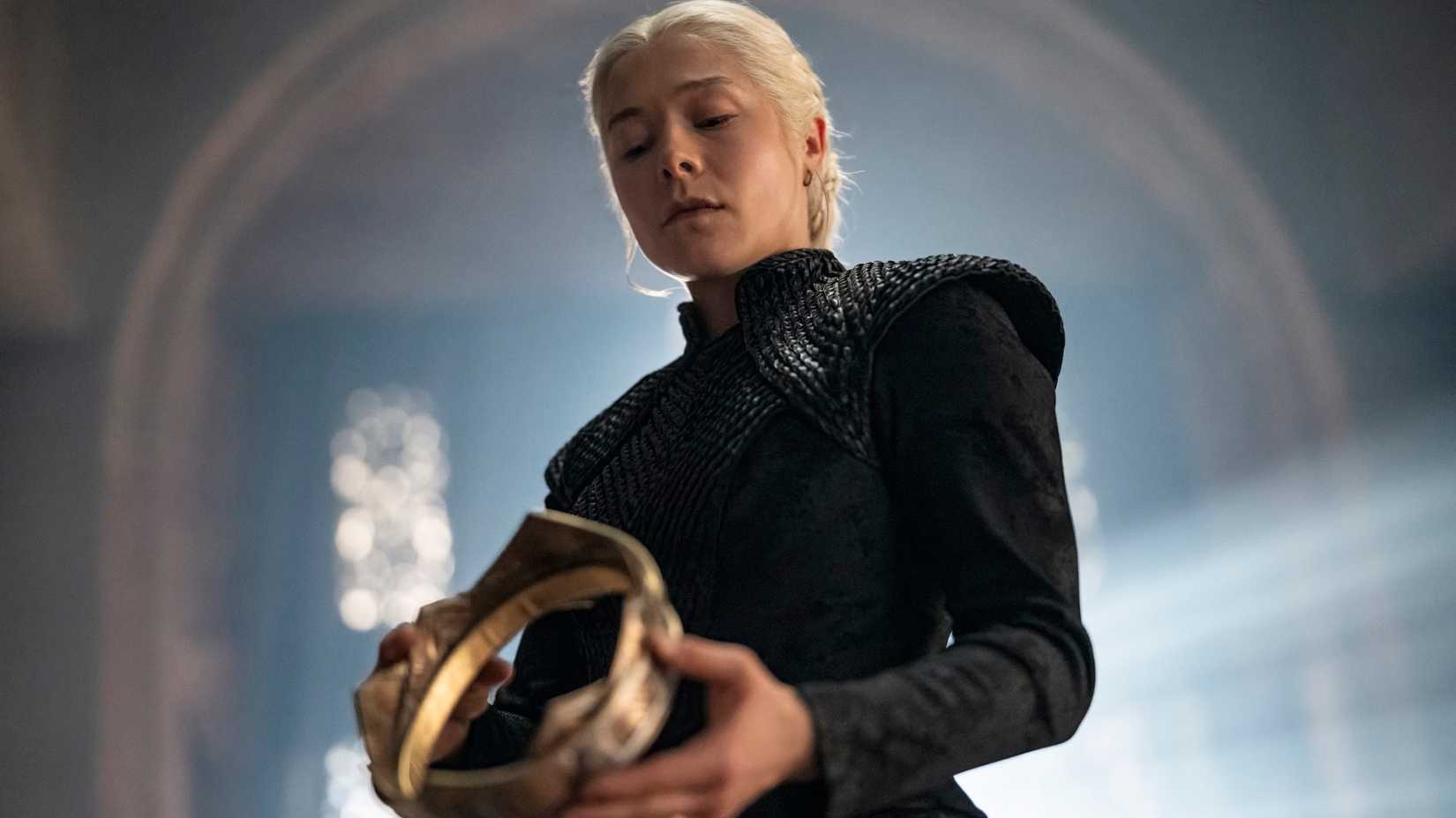 Rhaenyra Targaryen (Emma D'Arcy) looks at her crown in a still from House of the Dragon season 3