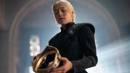 Rhaenyra Targaryen (Emma D'Arcy) looks at her crown in a still from House of the Dragon season 3