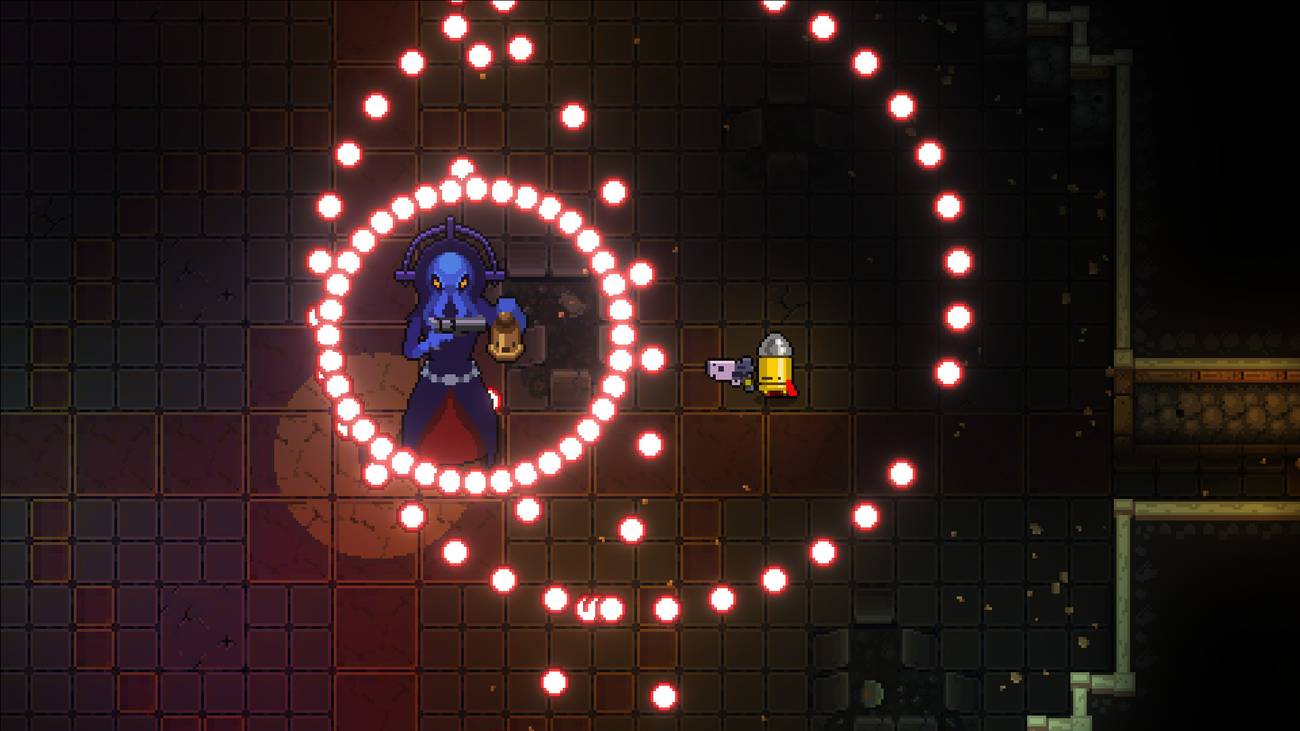 A boss shoots out bullets in Enter the Gungeon.