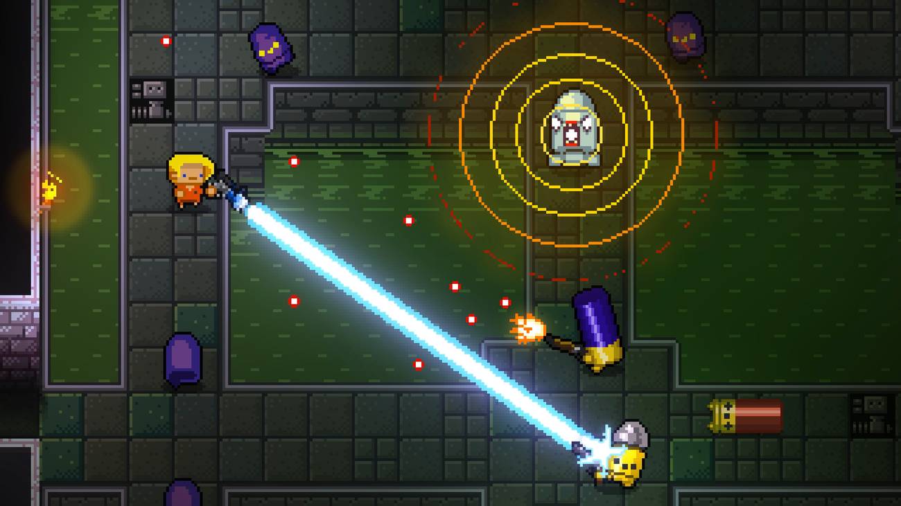 A character shoots a bullet with a laser beam in Enter the Gungeon.
