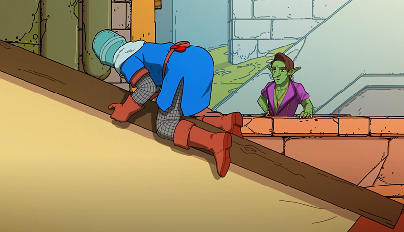 A screenshot from the Esoteric Ebb trailer showing the Cleric in an embarassing moment