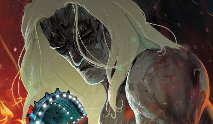 A demonic looking individual with gray skin and blond hair, eyes closed, brooding, art by Christian Ward, Event Horizon Inferno #1