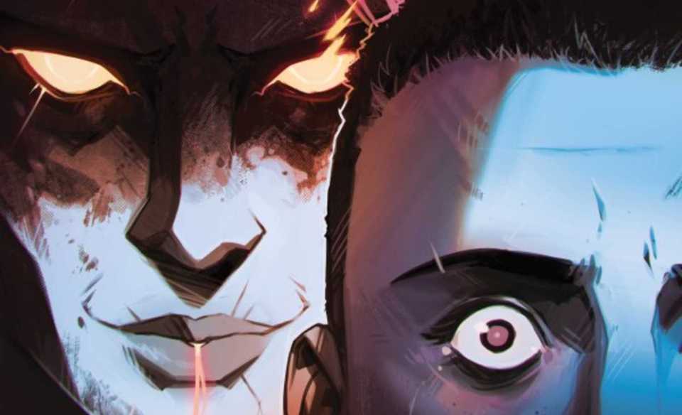 A smirking demonic humanoid lurks behind a terrified scientist in deep space