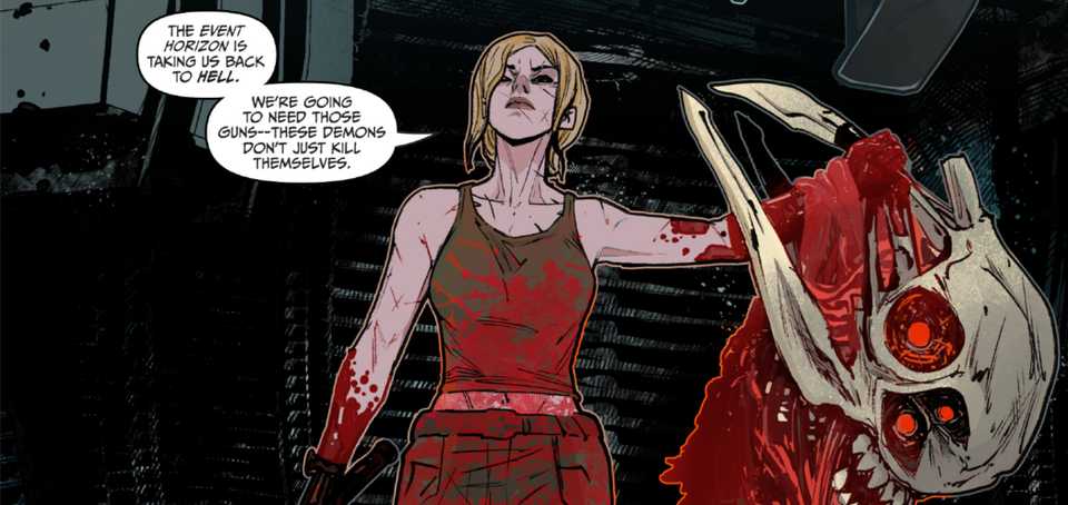 A blonde woman, communications officer Starck of the Event Horizon, swaggers through a space station carrying a bloody heap of bones