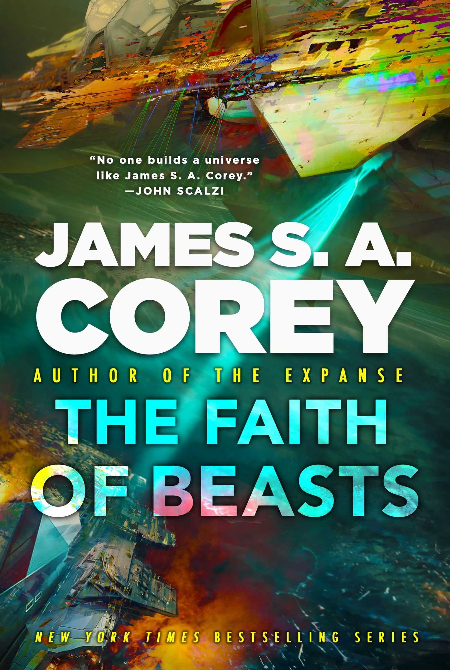 The cover of The Faith of Beasts, featuring abstract structures and a beam of light.