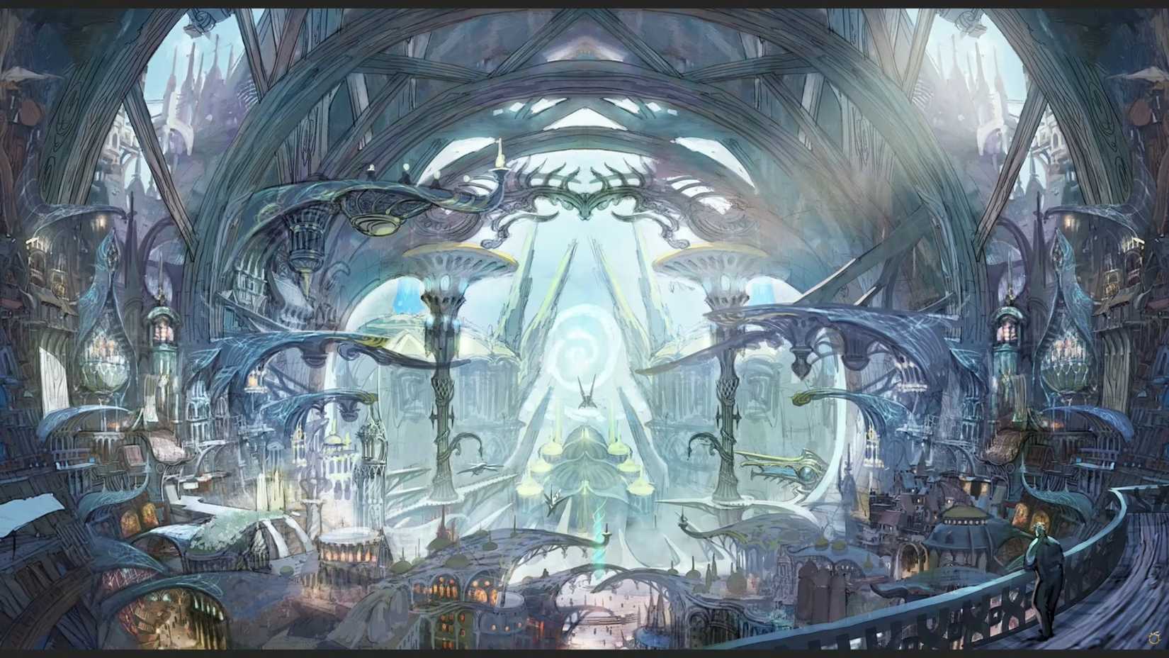 A piece of FFXIV Evercold concept art showing a fish-lens view of a fantasy city