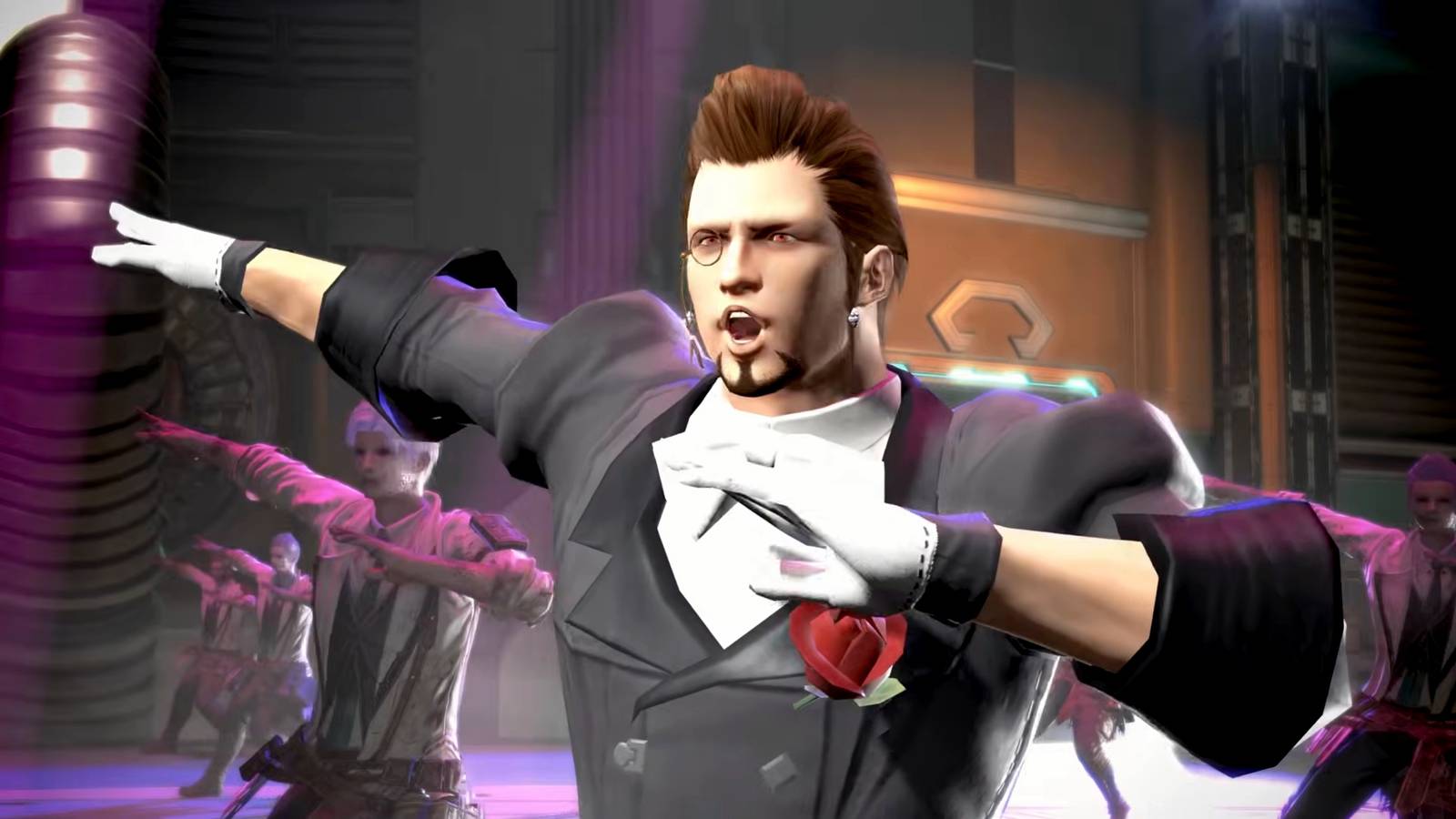 Hildebrand in FFXIV Dawntrail dancing on a stage and performing a dab