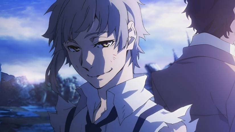 A young, light-grey haired boy (Atsushi) blushes and smiles in Bungo Stray Dogs