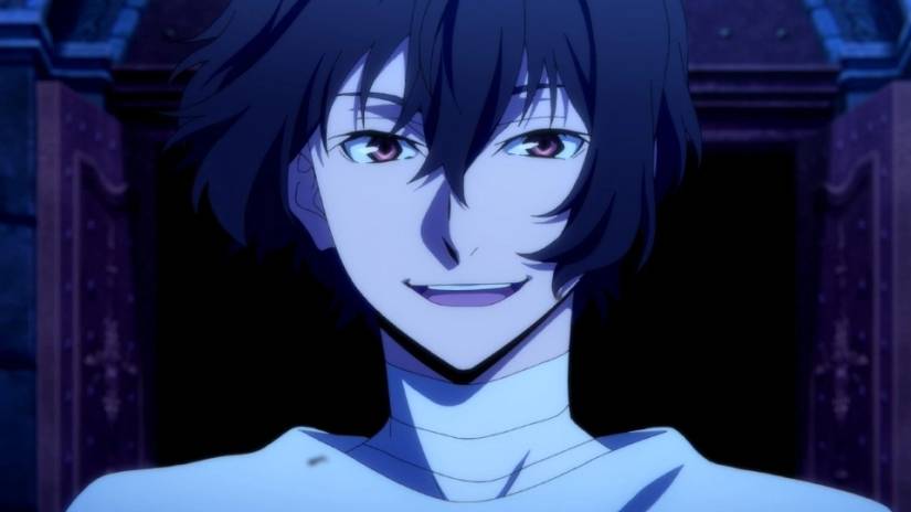 A black-haired young man (Dazai) wears a smug expression while staring ahead in Bungo Stray Dogs