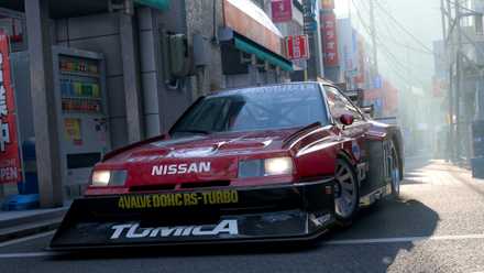 A mean-looking racing Nissan parked in a Tokyo street in Forza Horizon 6