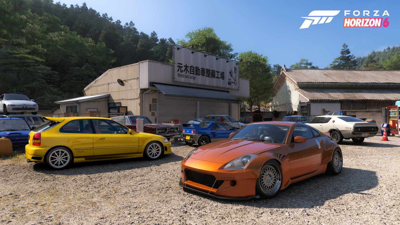 Several modified sports cars sit outside a shabby garage in Forza Horizon 6