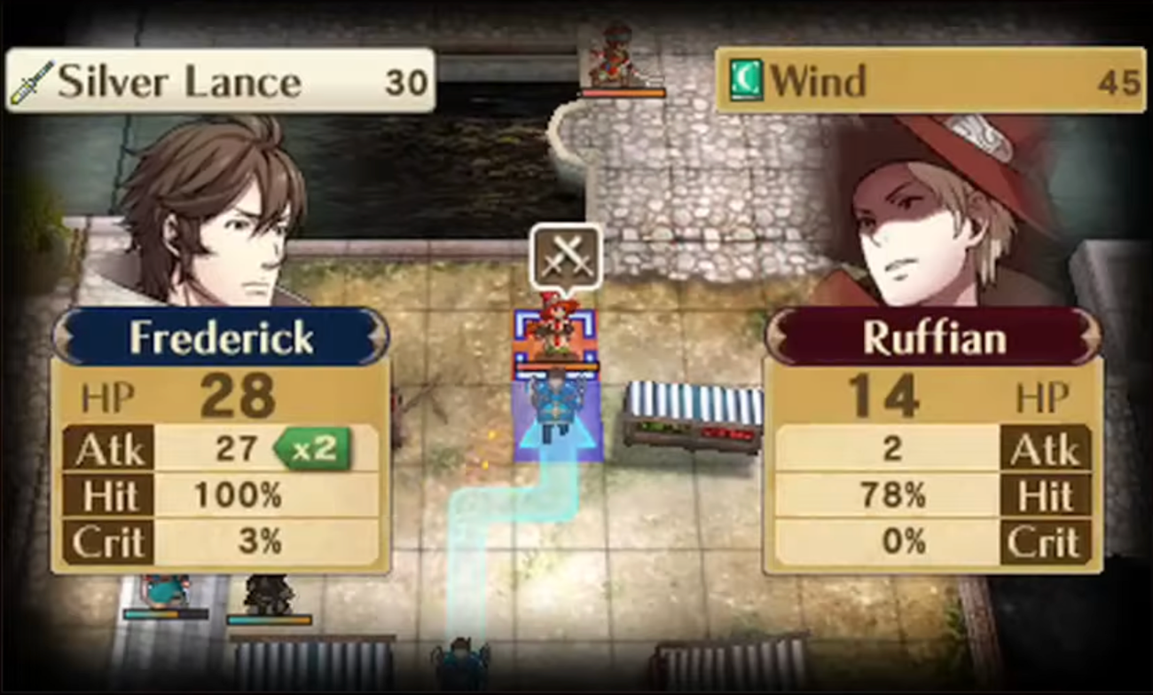 Frederick squares up against a Ruffian in Fire Emblem Awakening