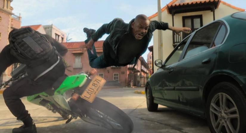 Will Smith flying off a motorcycle in Gemini Man