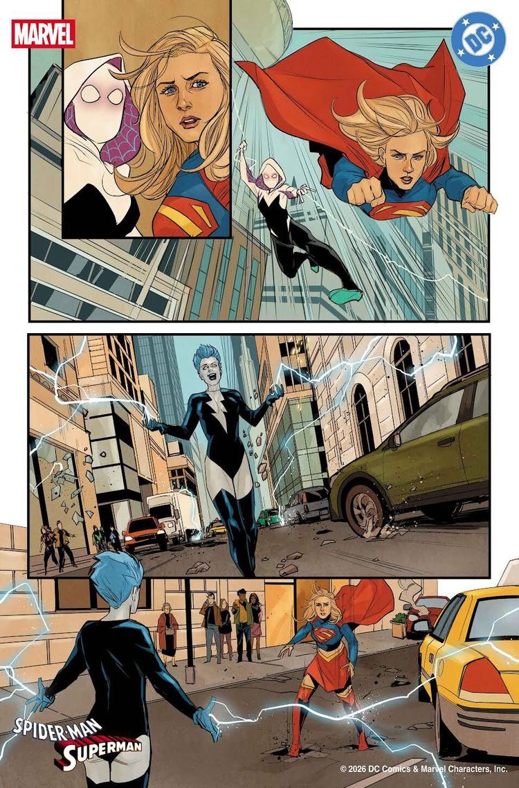 Ghost Spider and Supergirl confronting the villain Livewire in an exclusive page from Marvel's Spider-Man Superman crossover