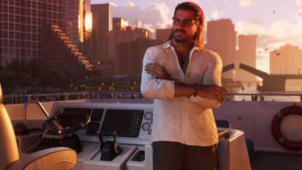 Raul Bautista in Grand Theft Auto 6 standing on a speedboat with Vice City in the background.