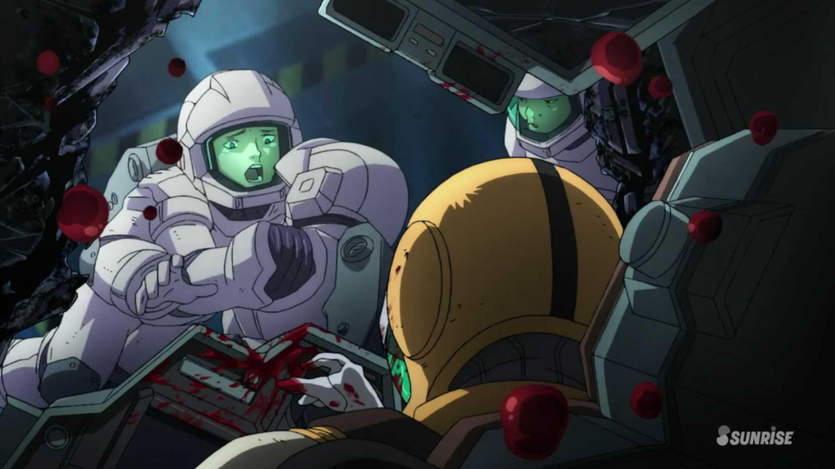 Still from Gundam Thunderbolt featuring a dying crewmember in a cockpit of a mobile suit. 