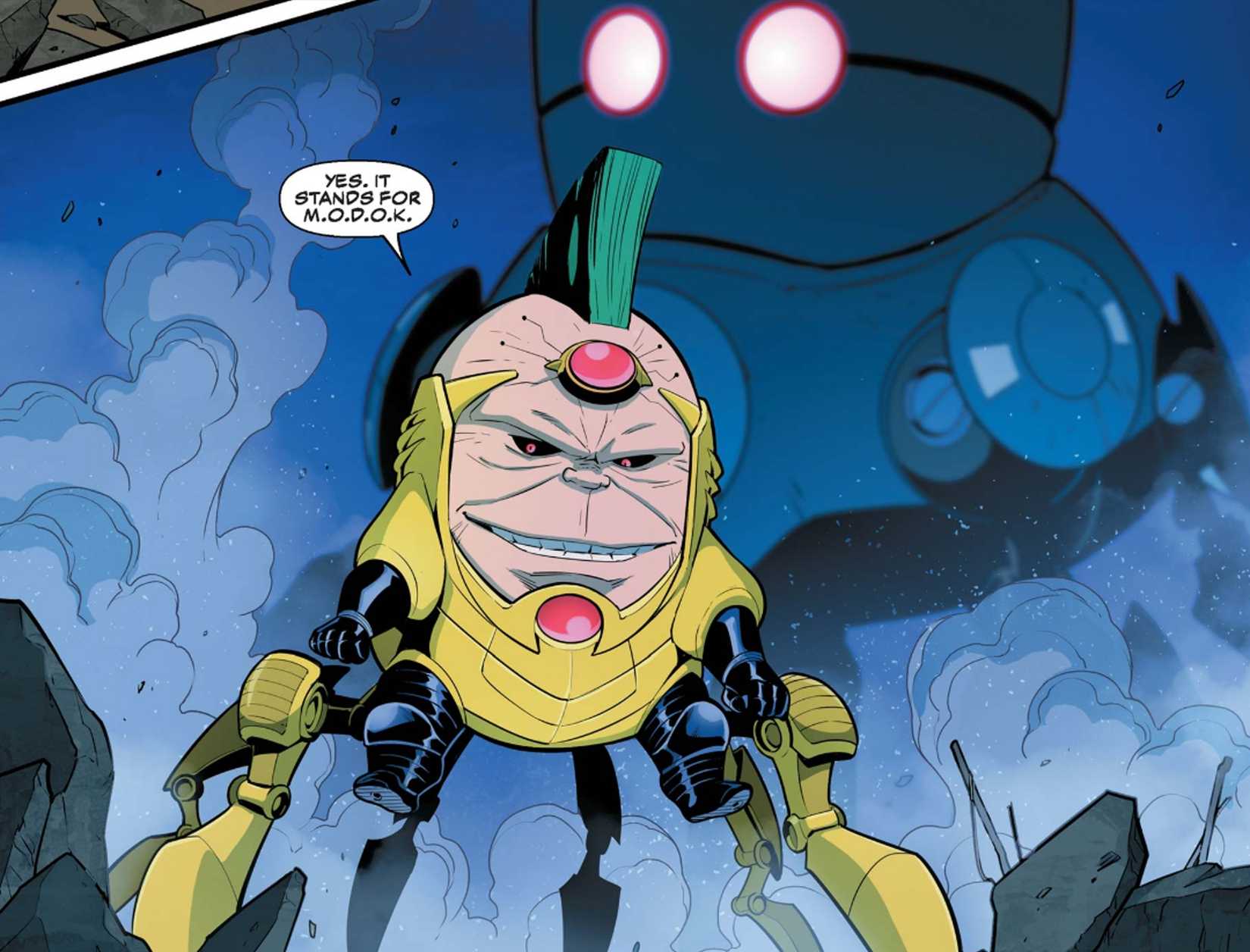 gwenpool 1 modok floats ominously in mid-air, smoke billowing around him as he approaches